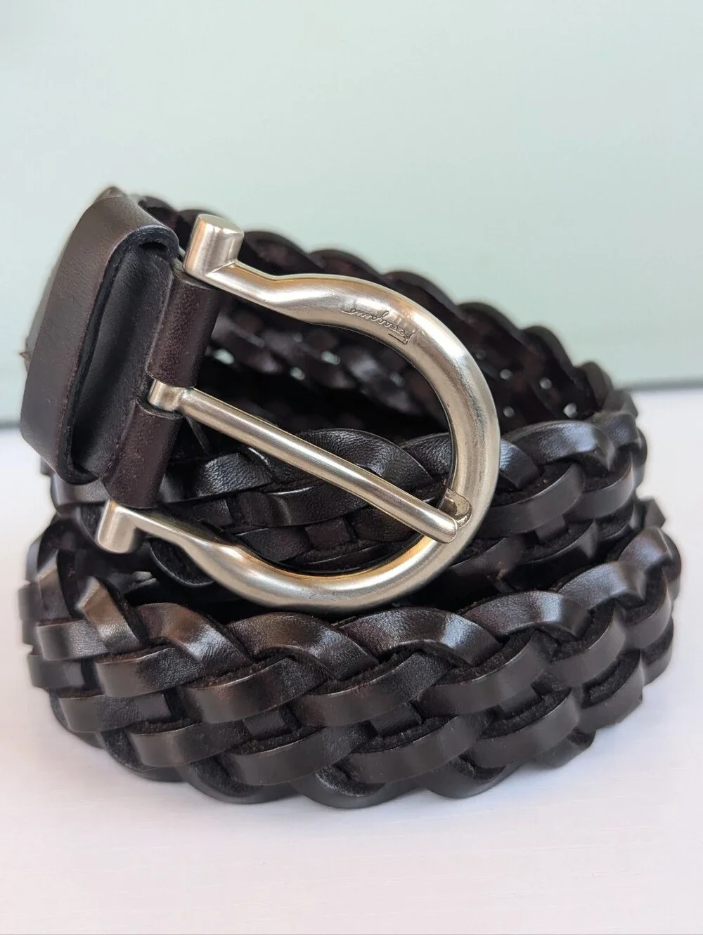Salvatore Ferragamo Braided Leather Belt - Black with Silver Buckle